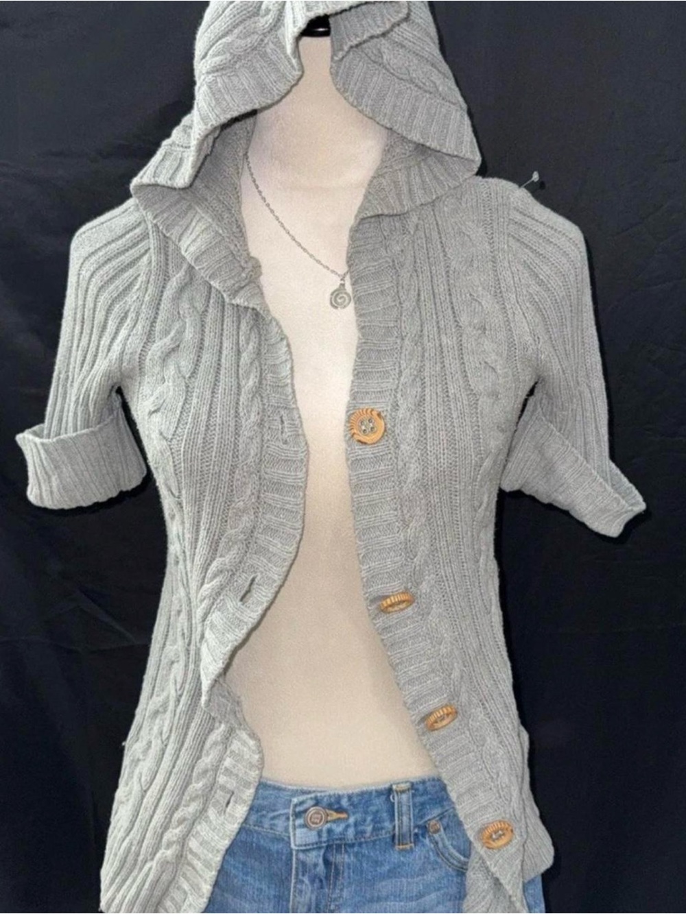 G by Guess Light Gray Hooded Cable Knit Short-Sleeve Cardigan